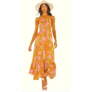 Free People Heat Wave Dress Womens XL Pink Floral Maxi Tiered Flowy Beach Resort
